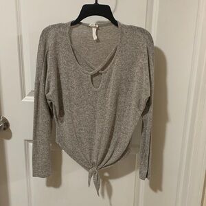 Caution To The Wind Gray Tie-Front Long Sleeve Top